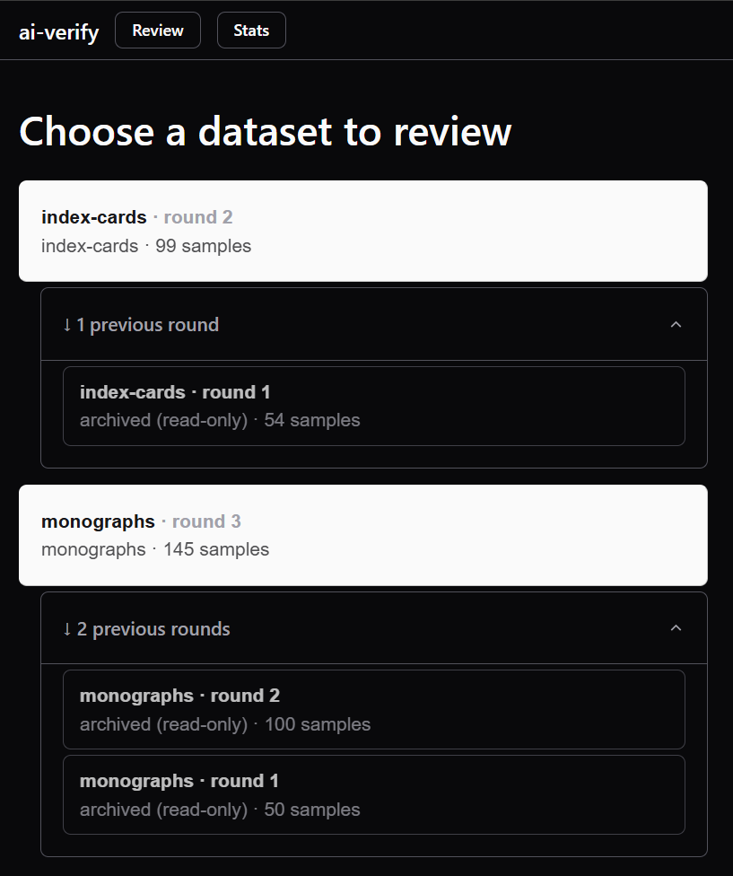 A screenshot of the list of dataset rounds