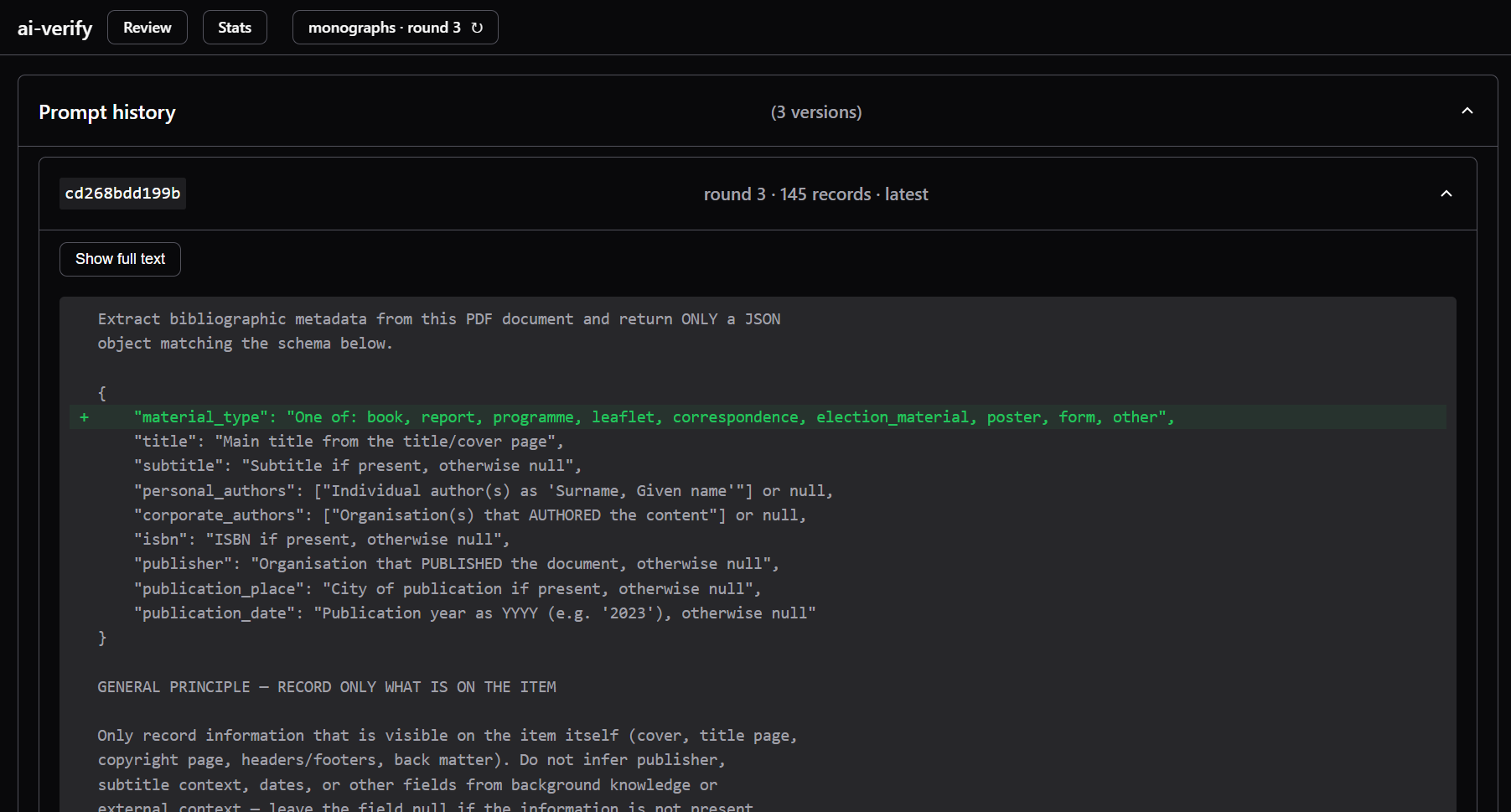 A screenshot of a prompt, showing a green diff
